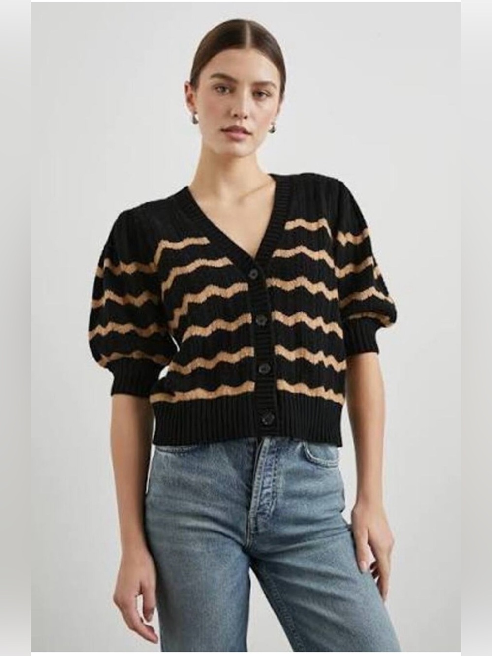 Rails Isla BLACK CAMEL STRIPE Wave Short Sleeve Button Up Cardigan Size L